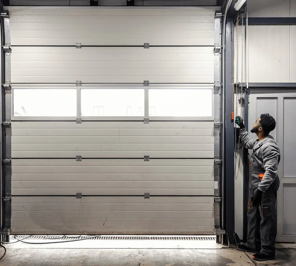 Person operating a large industrial garage door.